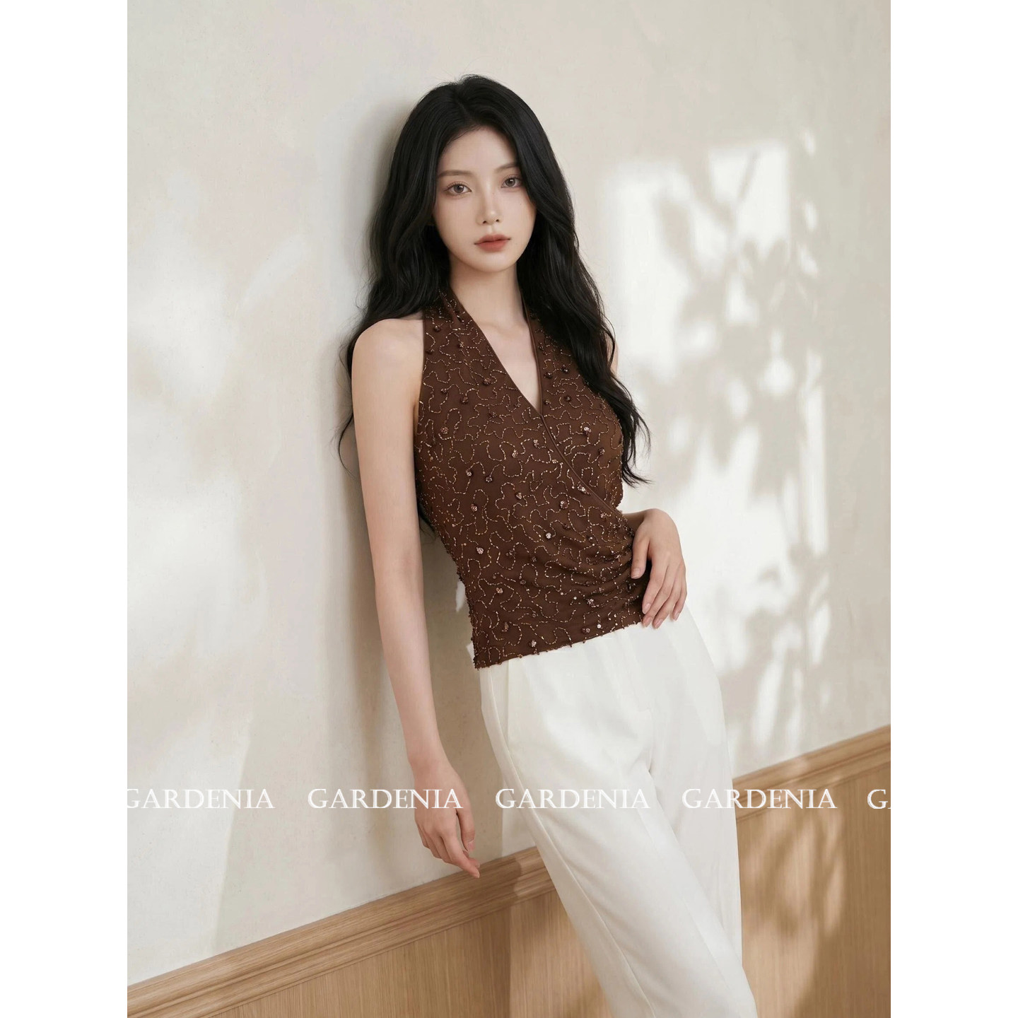 Gardenia 轻奢高级感重工钉珠绣V领挂脖上衣女别致辣妹风吊带背心