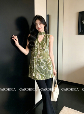Gardenia 法式度假风绿色印花飘带V领吊带上衣女气质挂脖无袖小衫