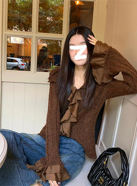 Gardenia 美式复古v领喇叭袖上衣女秋季修身短款荷叶边针织开衫