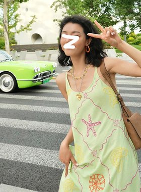 Gardenia 多巴胺印花u领吊带连衣裙女夏季海边度假宽松休闲长裙子