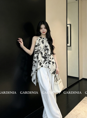 Gardenia 小众法式设计感亚麻印花吊带上衣女别致不规则下摆背心