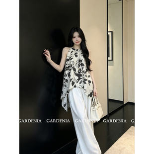 Gardenia 小众法式设计感亚麻印花吊带上衣女别致不规则下摆背心