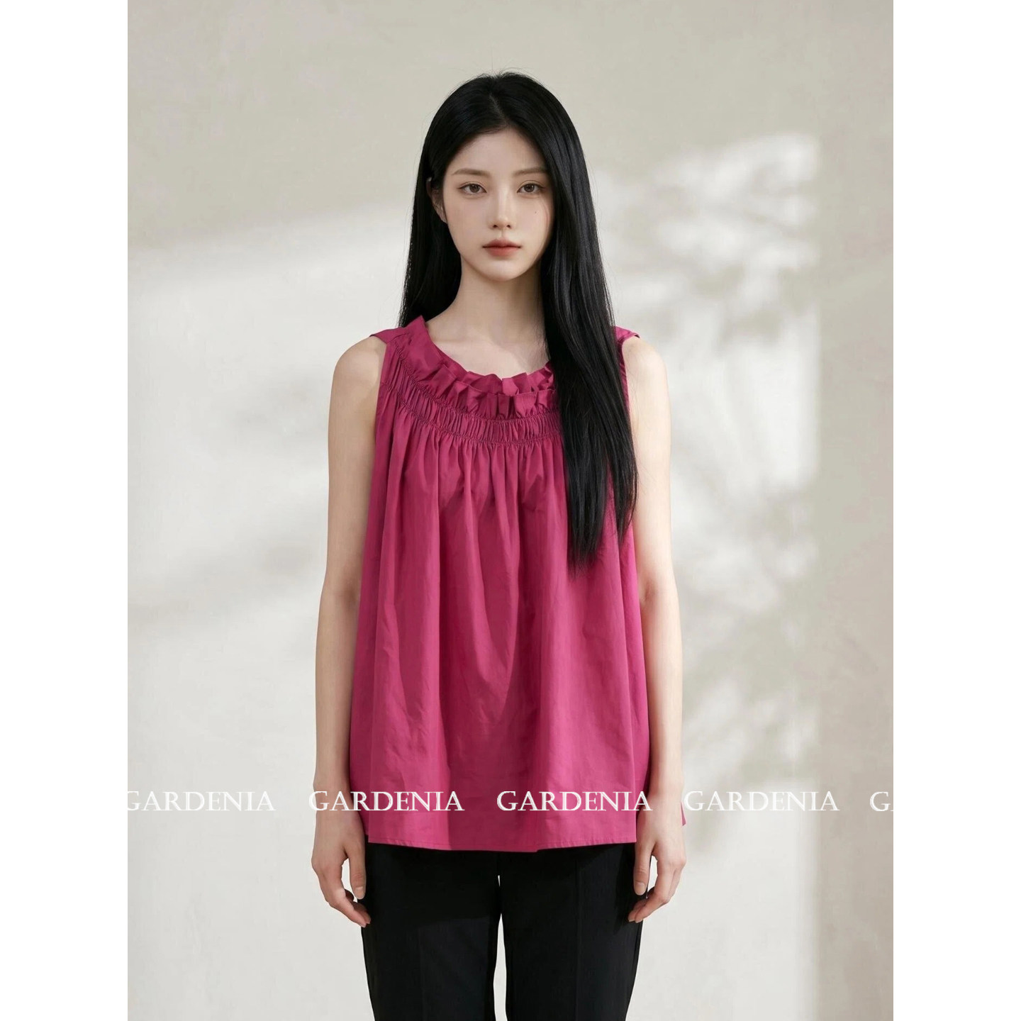 Gardenia 法式度假风双层木耳边褶皱上衣女夏季减龄宽松无袖背心