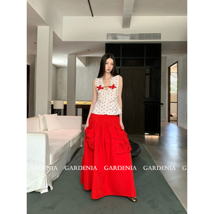 Gardenia 韩系复古红色波点花边背心女立体碎褶口袋大摆伞裙套装