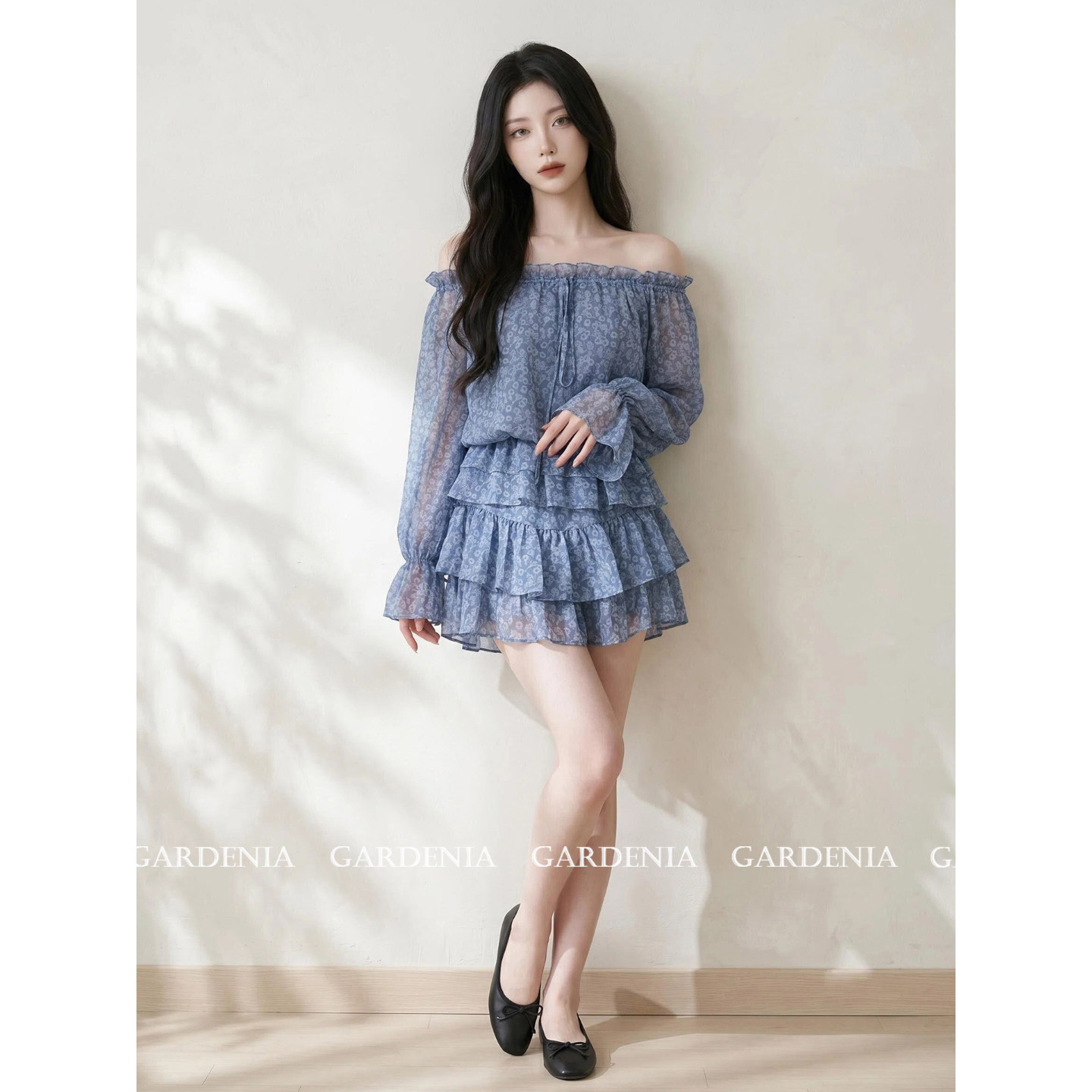 Gardenia 法式碎花一字领雪纺荷叶袖衬衫女温柔度假风短裙两件套