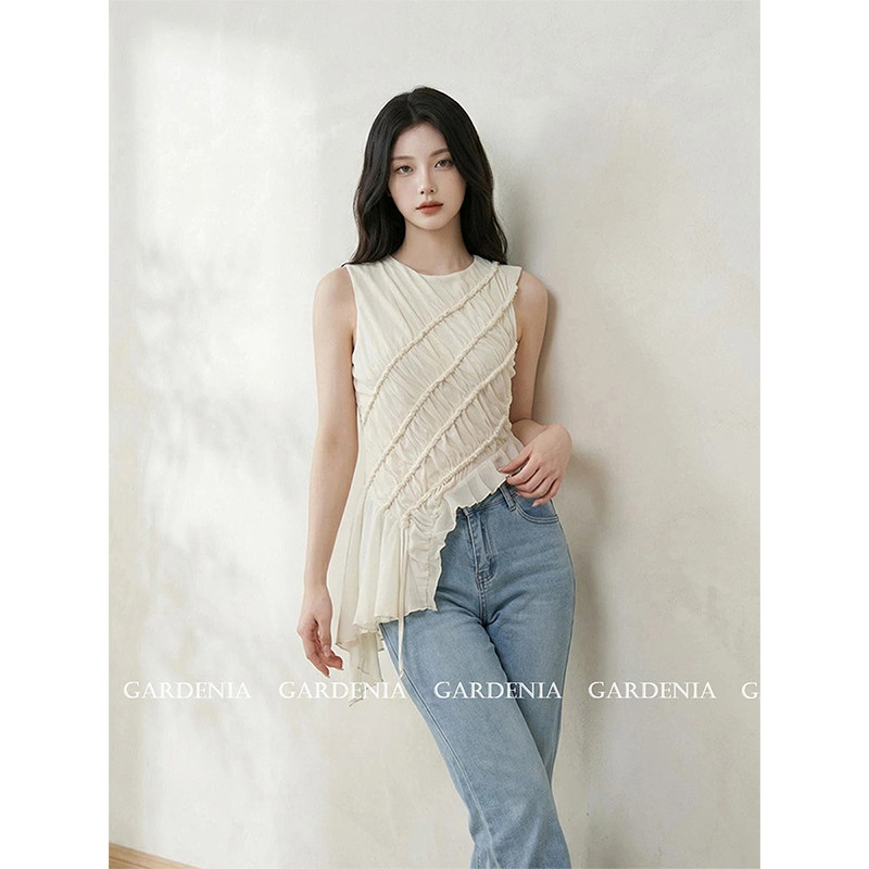 Gardenia 法式气质不对称下摆褶皱无袖小衫女绝美独特显瘦短上衣