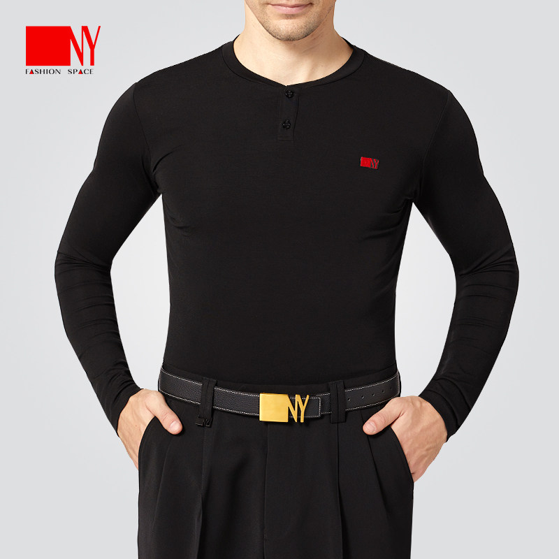 NY纳艺男黑色两粒扣长袖摩登舞拉丁舞国标舞综合训练服练功服上衣