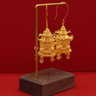 999纯银故宫流苏耳环足银宫灯楼阁绣球镀金民族风耳坠花丝银耳饰