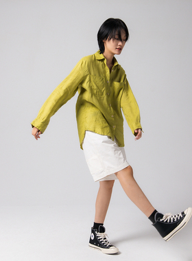 Marine Climate 原创设计纯色麻料衬衫蓝色