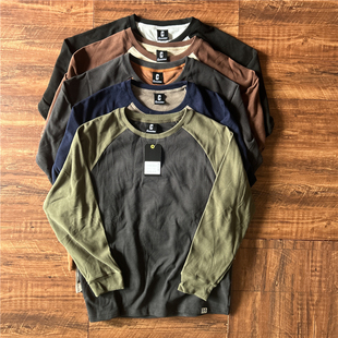 圆领长袖 秋冬新款 弹力拼接撞色男上衣潮 宽松插肩袖 日系潮男打底衫