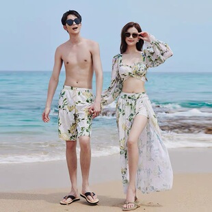 三件套小胸显瘦花色海边度假情侣款 新款 情侣泳衣女比基尼分体裙式