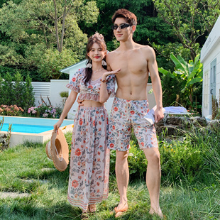 2025新款 花色海边度假拍照纯欲 情侣泳衣分体三件套显瘦遮肉长裙款