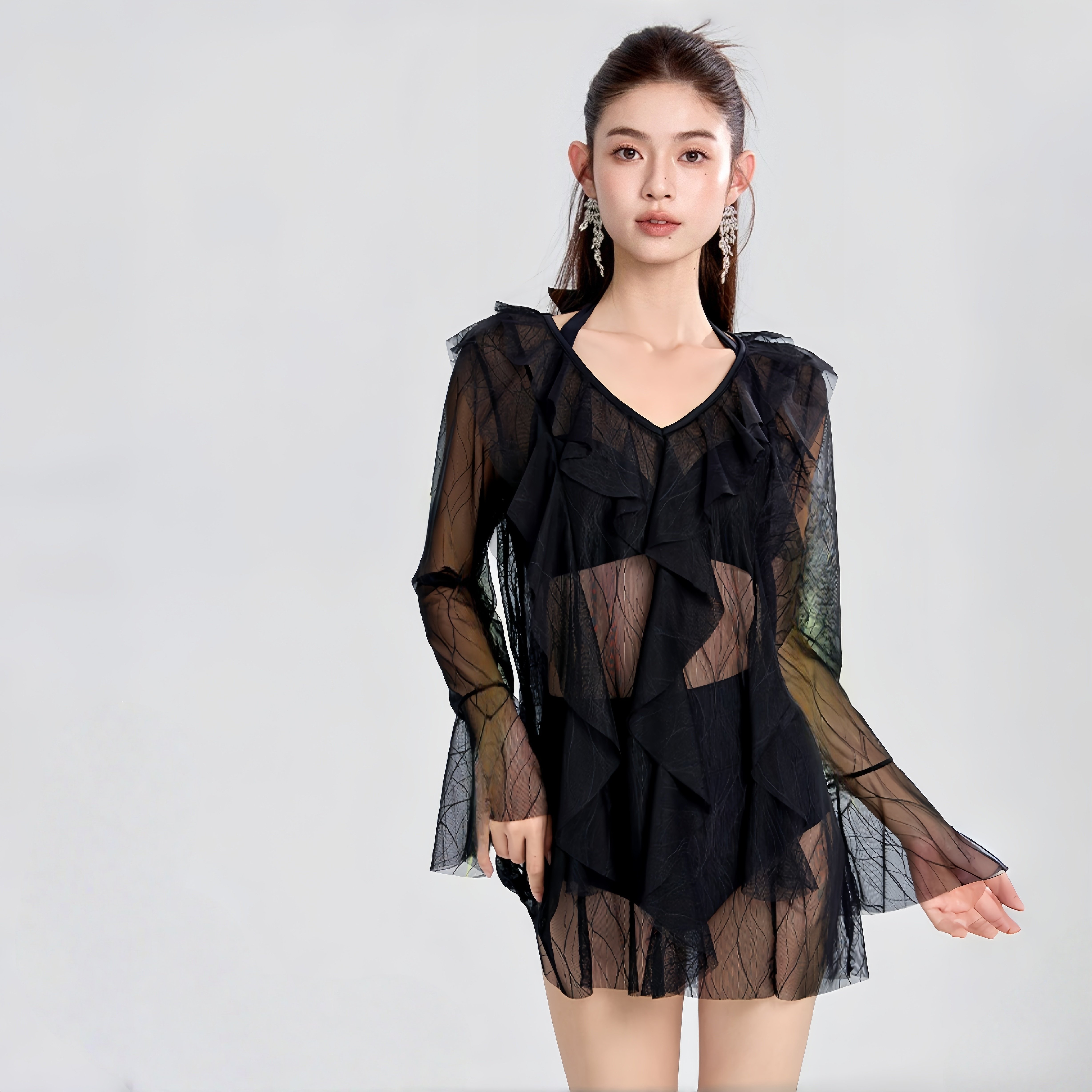 黑色V领蕾丝罩衫分体三件套比基尼泳衣女纯欲性感度假温泉游泳装