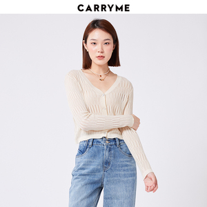CARRYME/嘉蜜 轻薄微透显瘦V领针织开衫女秋季百搭长袖短款上衣