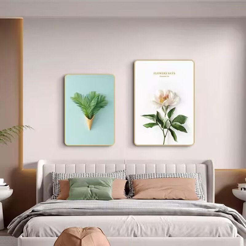 简约小清新绿植圆角两联床头挂画
