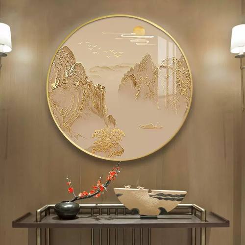 新中式玄关装饰画圆形山水画轻奢客厅餐厅办公室寓意好背景墙挂画