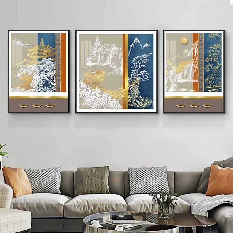 新中式客厅装饰画几何图案沙发背景墙三联画现代简约书房餐厅挂画