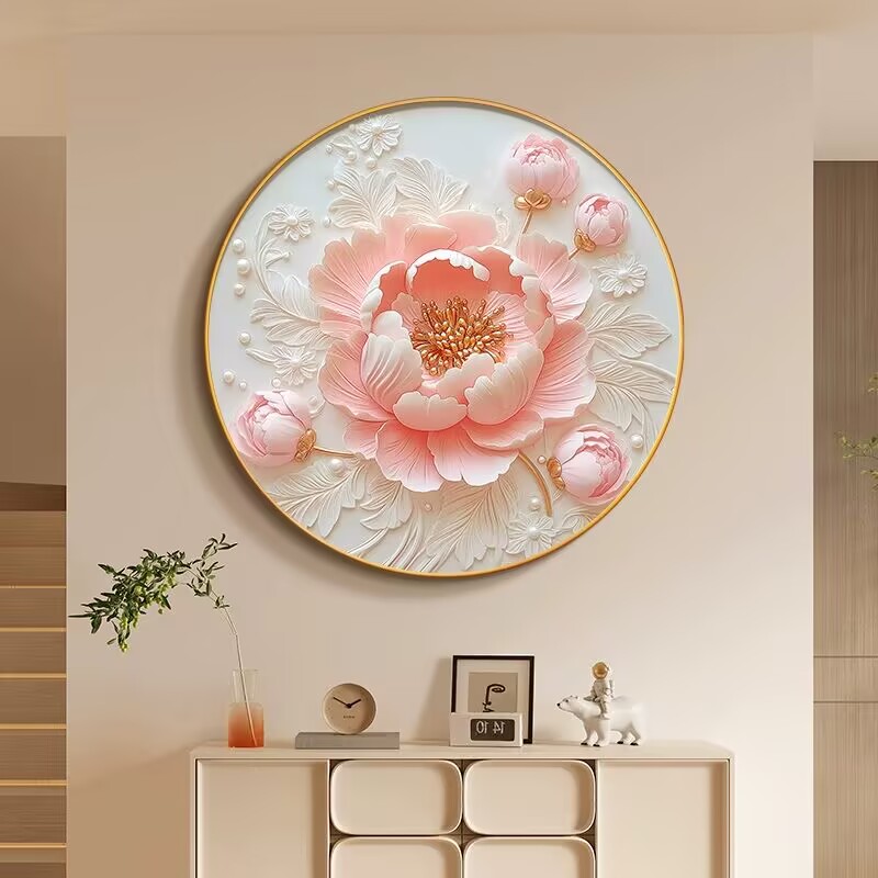 牡丹花圆形挂画奶油风客厅装饰画高级感玄关画花开富贵卧室床头画图片