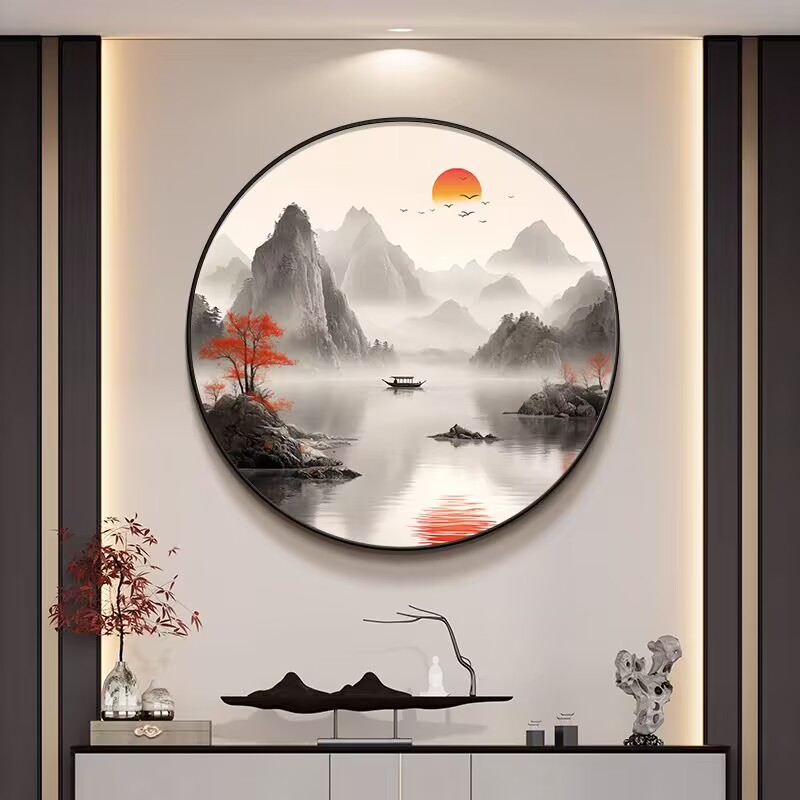 旭日东升山客厅挂画玄关柜装饰画中式茶室禅意山水画餐厅圆形壁画