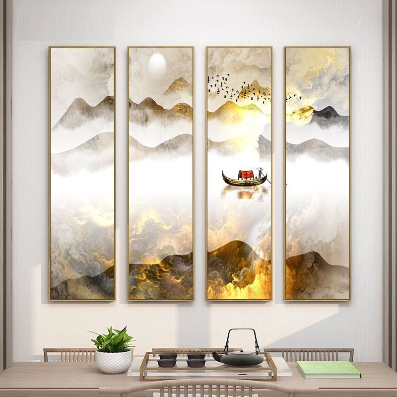 抽象新中式装饰画客厅沙发背景墙四联画餐厅书房茶室中堂山水挂画