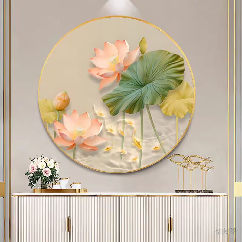 荷花招财九鱼图餐厅装饰画圆形现代简约客厅正对门走廊画玄关挂画图片