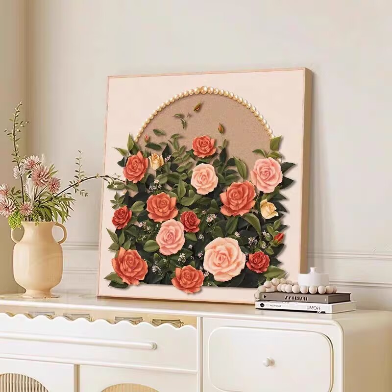 奶油风玫瑰花卉桌面斗柜摆画沙发背景墙壁挂画法式客厅卧室装饰画