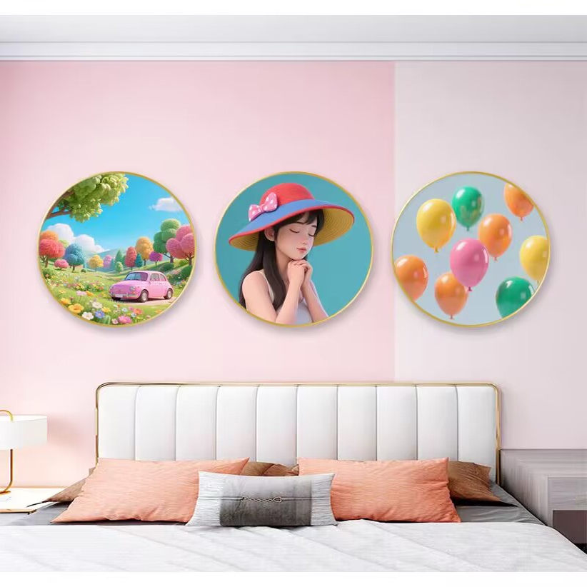 新款公主房间装饰画女孩卧室挂画现代卡通动漫少女壁画圆形装饰画图片