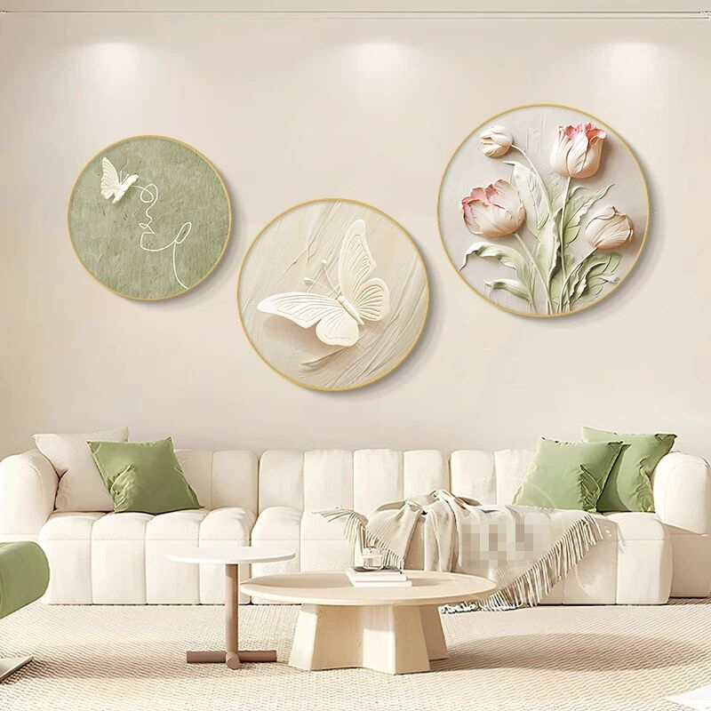 新款奶油风卧室床头装饰画法式花卉主卧壁画圆形高级感客餐厅挂画图片