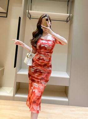 橙色印花方领连衣裙女夏新款高级感网纱显瘦修身小个子包臀中长裙