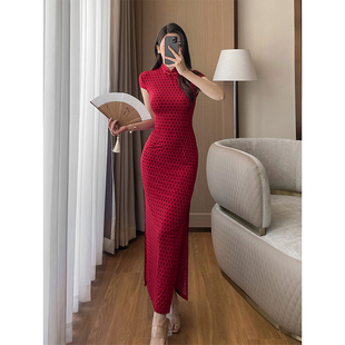 新中式红色旗袍连衣裙女夏季复古国风立领开叉修身喜妈妈礼服长裙