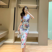 水墨白底印花连衣裙夏季 新款 复古油画气质性感V领褶皱开叉中长裙