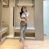 开叉连衣裙 气质复古印花盘扣修身 新中式 国风紫色改良旗袍女夏新款