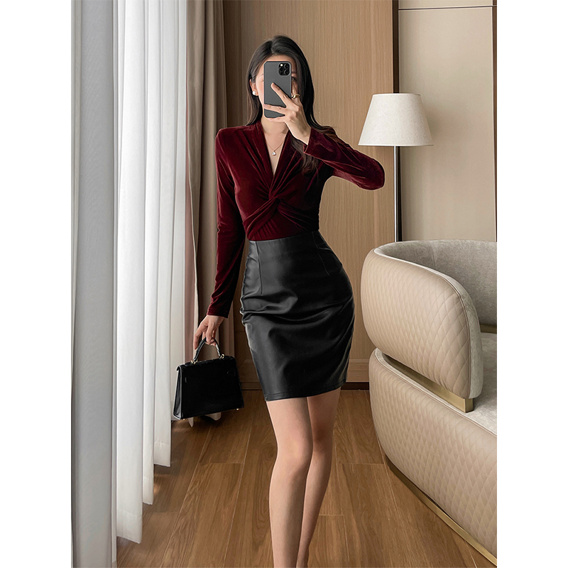 高端时尚丝绒V领修身上衣