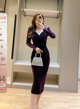 高端法式紫色丝绒洋装秋冬新款复古赫本风长袖修身宴会礼服裙女