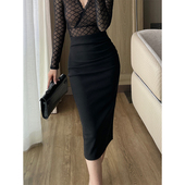新款 时尚 百搭修身 黑色显瘦半身裙女秋季 褶皱遮肚高腰中长款 包臀裙