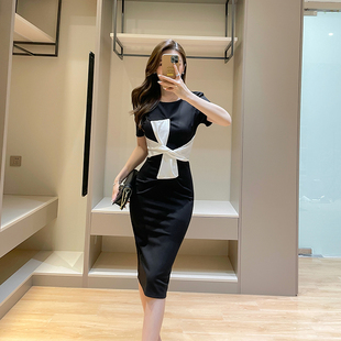 蝴蝶结黑色连衣裙夏季新款女装高级感气质短袖修身显瘦收腰包臀裙