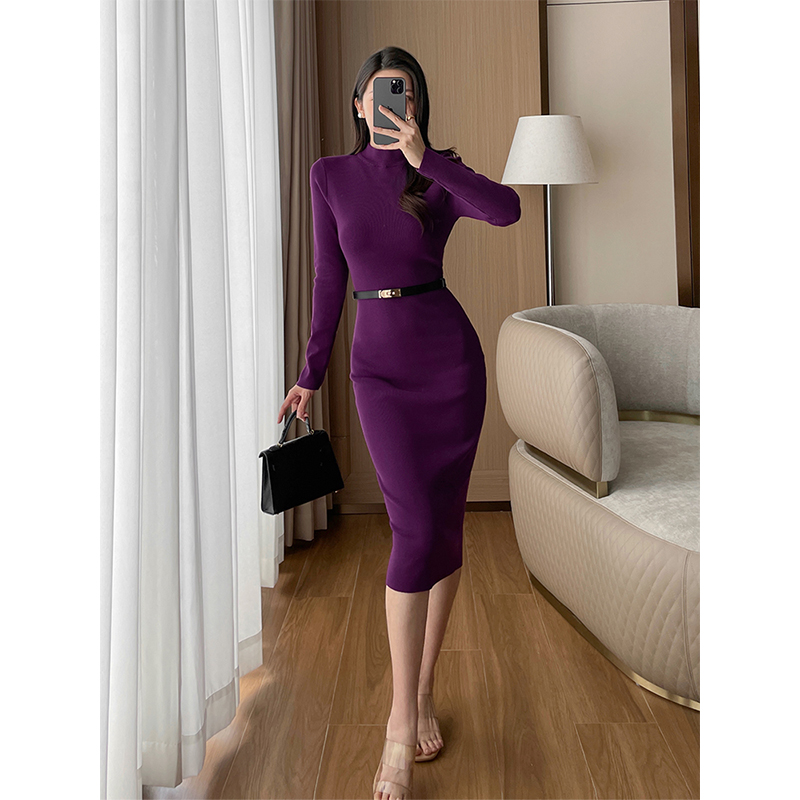 半高领内搭弹力针织修身连衣裙