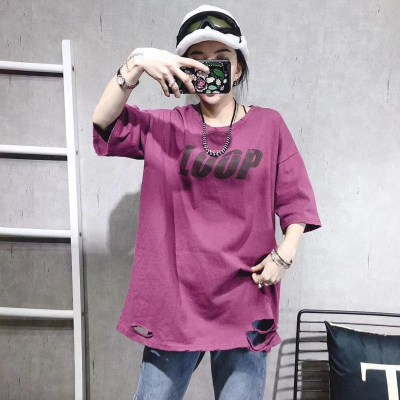 纯棉t恤女2022早春休闲内搭中长款洋气宽松大码打底衫半袖上衣潮