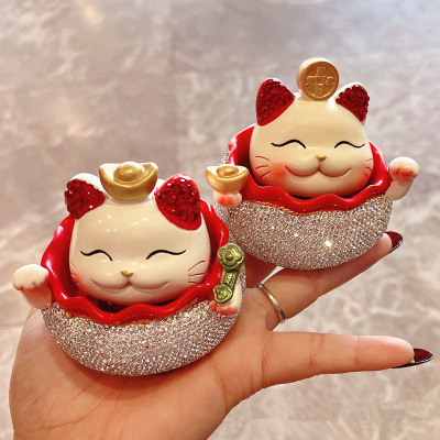高档开业礼物奢华镶砖钻招财猫汽车摇头摆件车载装饰创意生日手办