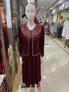 春秋新款婚礼妈妈装套装两件套连衣裙丝绒镶钻长袖套装礼服