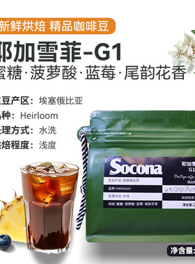 Socona埃塞俄比亚耶加雪菲G1咖啡豆227g新鲜浅烘焙冷萃手冲单品豆