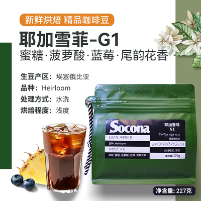 Socona埃塞俄比亚耶加雪菲G1咖啡豆227g新鲜浅烘焙冷萃手冲单品豆