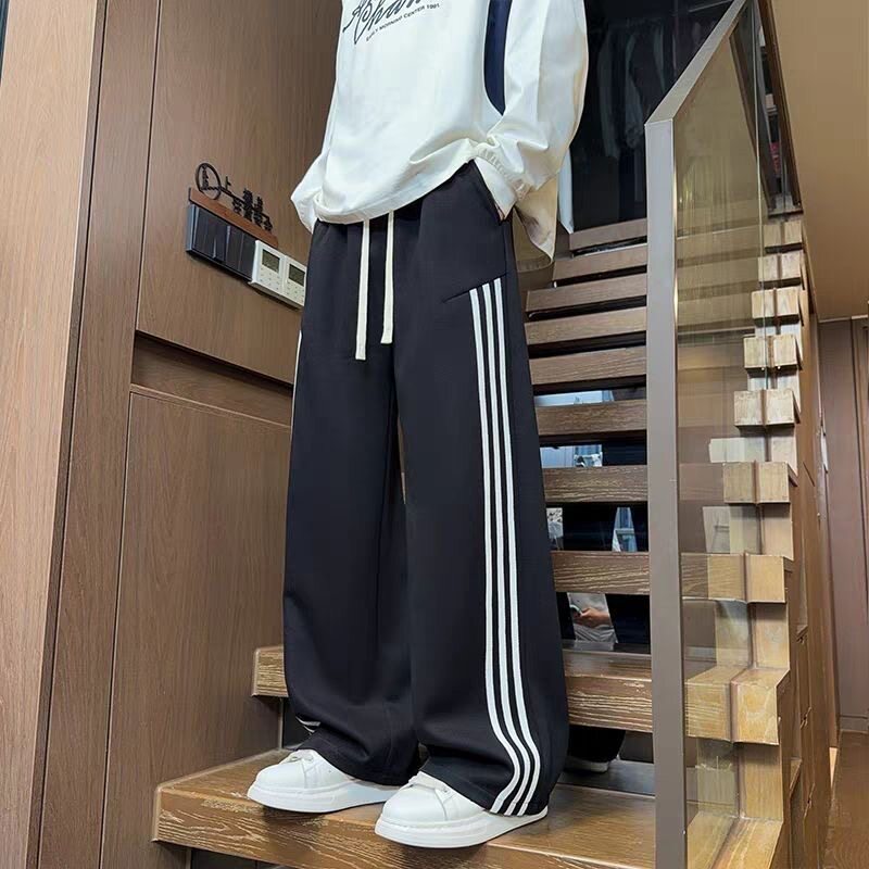 美式休闲裤子男女情侣款时尚百搭撞色直筒裤学生拼接条纹运动长裤