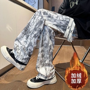 冬季灯芯绒水墨扎染加绒运动卫裤子男港风潮流百搭直筒裤阔腿长裤