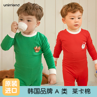 unifriend25年新款 两岁纯棉a类儿童睡衣 圣诞节宝宝高腰秋衣套装
