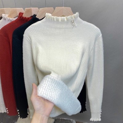 一体绒半高领毛衣女加绒加厚打底衫2025秋冬新款针织衫内搭上衣潮