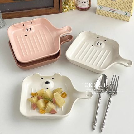 陶瓷手柄盘韩式好看的早餐盘高级感菜盘烤盘烤箱用餐盘可爱焗饭盘