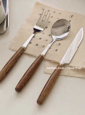 鸡翅木柄刀叉勺子叉子ins风西餐餐刀不锈钢小众刀叉筷餐具甜品勺