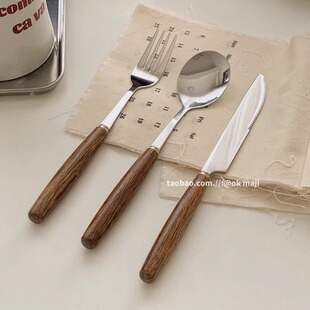 鸡翅木柄刀叉勺子叉子ins风西餐餐刀不锈钢小众刀叉筷餐具甜品勺