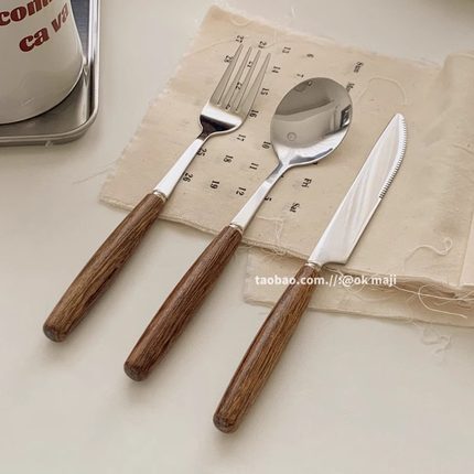 鸡翅木柄刀叉勺子叉子ins风西餐餐刀不锈钢小众刀叉筷餐具甜品勺